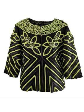 Modelia Black Neon Green Festival Embroidered Cutout Blouse Boho Festival Jacket